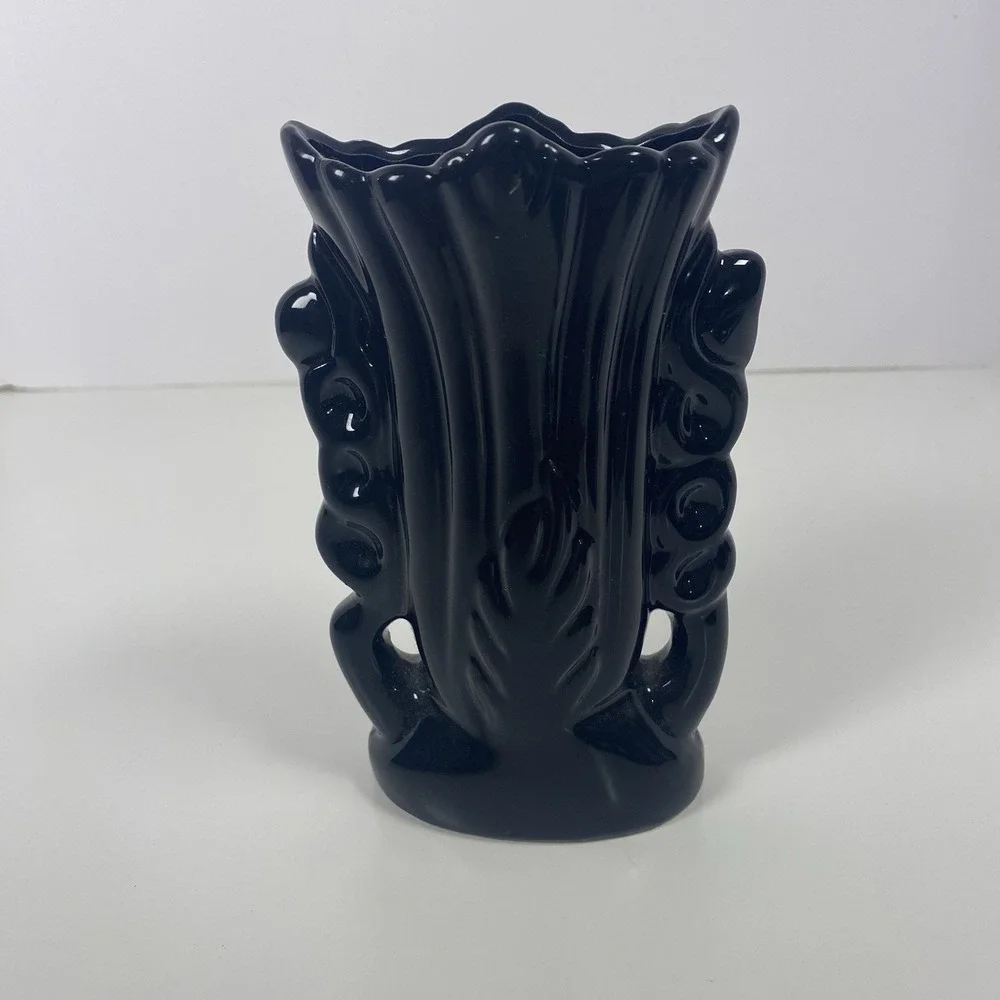 Japanese Style Black Boat Vase And Two Medium with Peacock Floral Scene 3 Pieces